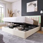 Cadre de lit maisentiel 160x200 cm cuir pu led coffre hydraulique t�te capitonn�e blanche lattes en pin ...
