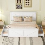 Cadre de lit maisentiel 160x200 cm pin et mdf blanc avec 4 tiroirs t�te de lit et sommier � lattes inclus ...