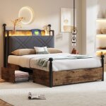 Cadre de lit maisentiel multifonctionnel 90x190 m�tal noir bois naturel avec rangement led intelligent ...