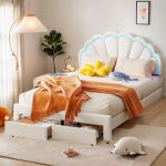 Cadre de lit rembourr� � led 140x200 cm t�te de lit � p�tales lit double avec 2 tiroirs sommier � lattes ...