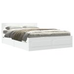 Cadre de lit avec t�te de lit - jill - 140x190 cm - blanc - bois ding�nierie - sommier � lattes - tiroirs ...