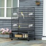 Cage � oiseaux sur pied voli�re oiseaux int�rieur 4 perchoirs en bois et mangeoires fil dacier gris fonc� ...