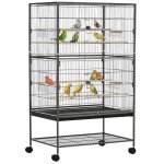 Cage  oiseaux sur pied - volire oiseaux intrieur - pawhut - 4 perchoirs en bois et mangeoires 6 portes ...