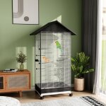 Cage oiseau sur pied voli�re oiseaux int�rieure sur roulettes 2 mangeoires 8 perchoirs 79 x 65 x 155 ...