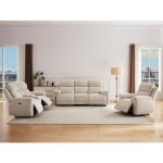 Canap�s 3 places 2 places et un fauteuil relax �lectrique en tissu chin� beige keluno