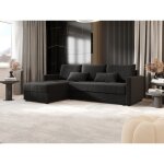Canap d?angle convertible mosia l en tissu gris fonc avec coffre de rangement