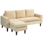 Canap d'angle modulable - homcom - pouf et 3 coussins - pieds en bois, tissu effet velours - beige
