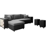 Canap d'angle convertible mady avec coffre et poufs en simili et microfibre - gris / noir