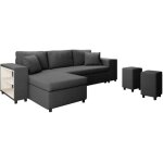 Canap d'angle convertible mady avec coffre et poufs en tissu - gris fonc