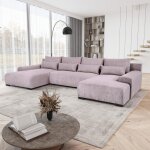 Canap d?angle en u benny rose ? avec fonction de couchage velours design moderne
