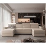 Canap dangle panoramique beni u ii - 6 places - canape convertible avec ttires - tissu velours beige ...