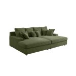 Canap� droit 4 places fluffy avec double m�ridienne et assise profonde en velours c�tel� - vert