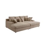 Canap� droit 4 places fluffy double m�ridienne et assise profonde en velours c�tel� - taupe