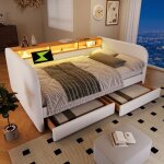 Canap - lit 140x190 avec leds usb - c 2 tiroirs et tte de lit rangement lin beige clair (sans matelas) ...