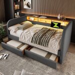 Canap� - lit 140x190cm canap� - lit rembourr� avec led et chargement usb - c 2 tiroirs et t�te de lit ...