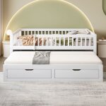 Canap - lit 140x200 bois massif blanc barrire scurit 2 tiroirs sommier lattes enfant / adulte gigogne ...