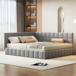 Canap lit 160x200 cm lit capitonn avec sommier  lattes et tte de lit tissu velours (sans matelas) ...