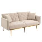 Canap - lit 3 places en velours avec 2 coussins - 162x78x80 cm - beige