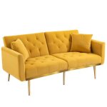 Canapé - lit 3 places en velours avec 2 coussins - 162x78x80 cm - jaune Canapé - lit 3 places en velours avec 2 coussins - 162x78x80 cm - jaune