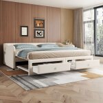Canap� lit 90x200 cm avec lit gigogne avec deux tiroirs lin - beige