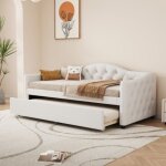 Canapé - lit gigogne 90x200 cm lit simple (sans matelas) avec sommier à lattes beige - lin - style minimaliste ... Canapé - lit gigogne 90x200 cm lit simple (sans matelas) avec sommier à lattes beige - lin - style minimaliste ...