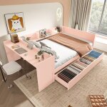 Canap - lit adulte 140200cm - sommier  lattes et 2 tiroirs - lit gigogne - 2 places - rose pin - hauss ...