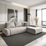 Canap� - lit d?angle droit draco beige ? tissu r�sistant et fonction de couchage pratique