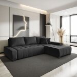 Canap - lit d?angle droit draco noir ? tissu rsistant et fonction de couchage pratique