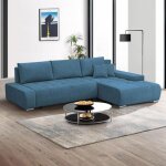 Canap� - lit d?angle droit draco velours bleu? tissu r�sistant et fonction de couchage pratique