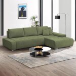Canap� - lit d?angle droit draco velours vert ? tissu r�sistant et fonction de couchage pratique