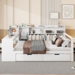 Canapé - lit en bois massif 140x200 cm avec bureau étagères compartiments de rangement et étagères avec ... Canapé - lit en bois massif 140x200 cm avec bureau étagères compartiments de rangement et étagères avec ...