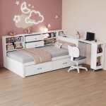 Canap� - lit en bois solide 90x200cm blanc - lit enfant + rangement + tiroirs + prise + bureau coulissant ...