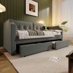 Canap - lit capitonn avec 2 tiroir 90 x 200 cm banquette lit avec liseuse usb type - c velours gris ...