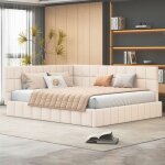 Canap - lit confortable 160 x 200 avec sommier  lattes en tissu velours beige doux pour la peau.