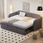 Canap� - lit convertible - 90 / 180�190 cm - tissu lin gris fonc� - sommier � lattes - structure m�tal ...