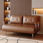 Canap� - lit en cuir marron moderne avec fonction lit matelas pliant et pieds m�tal polyvalent pour salon ...