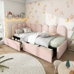 Canapé - lit enfant 90x190 cm avec 2 tiroirs lit simple en velours rose cadre avec sommier à lattes sans ... Canapé - lit enfant 90x190 cm avec 2 tiroirs lit simple en velours rose cadre avec sommier à lattes sans ...