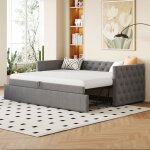 Canap - lit extensible 90x200cm classique  boutons sommier inclus velours hypoallergnique gris. sans ...