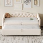 Canapé - lit extensible - gutent - 90x200 cm - tissu lin beige - port usb - sommier à lattes Canapé - lit extensible - gutent - 90x200 cm - tissu lin beige - port usb - sommier à lattes