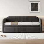 Canap - lit extensible lit rembourr 90 / 180x190 cm  bandes verticales tissu en lin confortable et ...