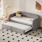 Canapé - lit gigogne 90 / 180 * 190 cm rayures verticales - sommier lattes - tissu lin respirant gris ... Canapé - lit gigogne 90 / 180 * 190 cm rayures verticales - sommier lattes - tissu lin respirant gris ...