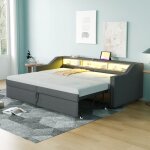 Canap� - lit gigogne 90x200 cm rangement led usb sommier lattes gris fonc� - sans matelas