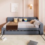 Lit double canap� - lit m�ridienne 90x200cm gris lin avec gigogne rangement rabattable usb&type - c (sans ...