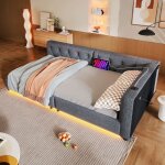 Canap - lit mridienne 90x200cm - lin gris tte capitonne led tlcommande + usb - c sommier lattes ...
