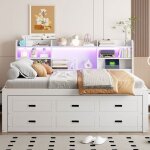 Canap - lit multifonction 140x200 cm blanc tlcommande led 3 tiroirs table de chevet usb / type - c ...