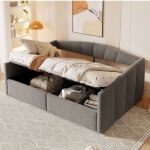 Canap� - lit rembourr� 140x200 velours gris support hydraulique sommier / accoudoirs rayures classiques ...