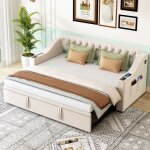 Canap - lit rembourrs 90 / 180x190 accoudoirs larges et avec charger usb et espace de rangement poches ...