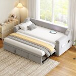 Canap - lit rembourr avec bluetooth et rangements gris clair 90x190 cm (sans matelas inclus)