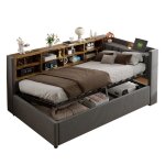 Canap� - lit rembourr� avec espace de rangement hydraulique veilleuse port de charge usb et de type c ...