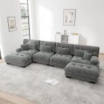 Canap� modulable 4 places en chenille gris avec repose - pieds - canap� capitonn� style berg�re - structure ...